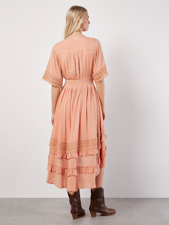 Dobby Ruffle Tiered Midi Dress, Coral, large