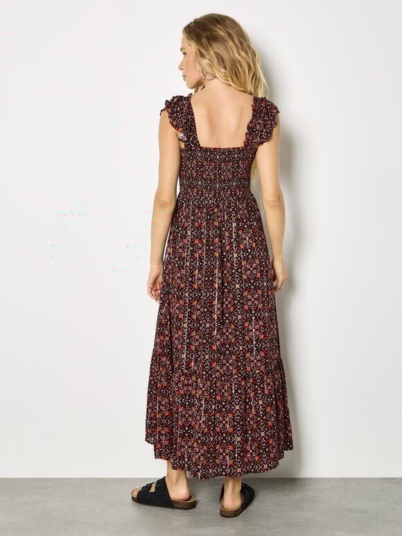 Folk Floral Metallic Midi Dress, Black, large