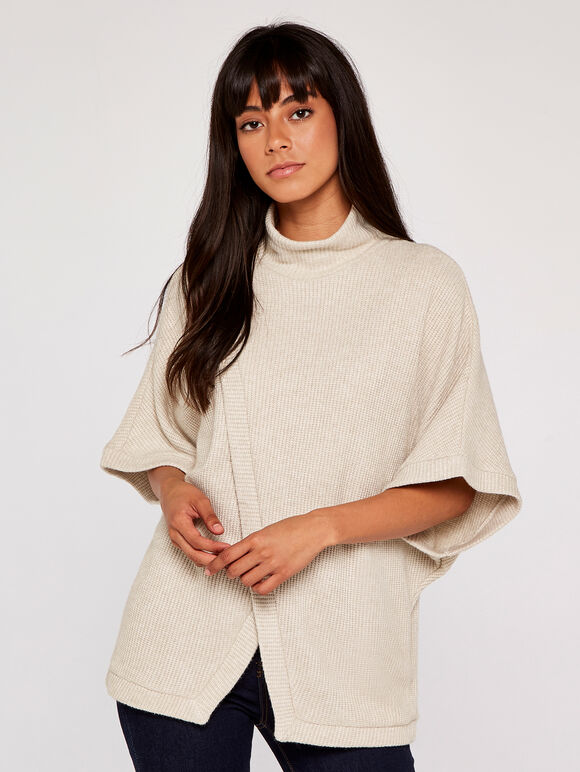 Chunky Rib Knit Wrap Cape, Stone, large