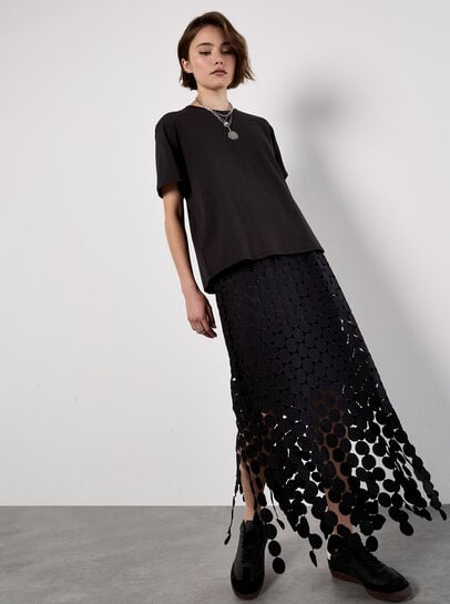 Guipure Circle Lace Fringe Maxi Skirt