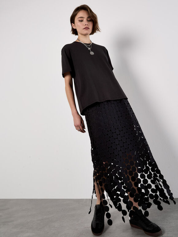 Guipure Circle Lace Fringe Maxi Skirt, Black, large