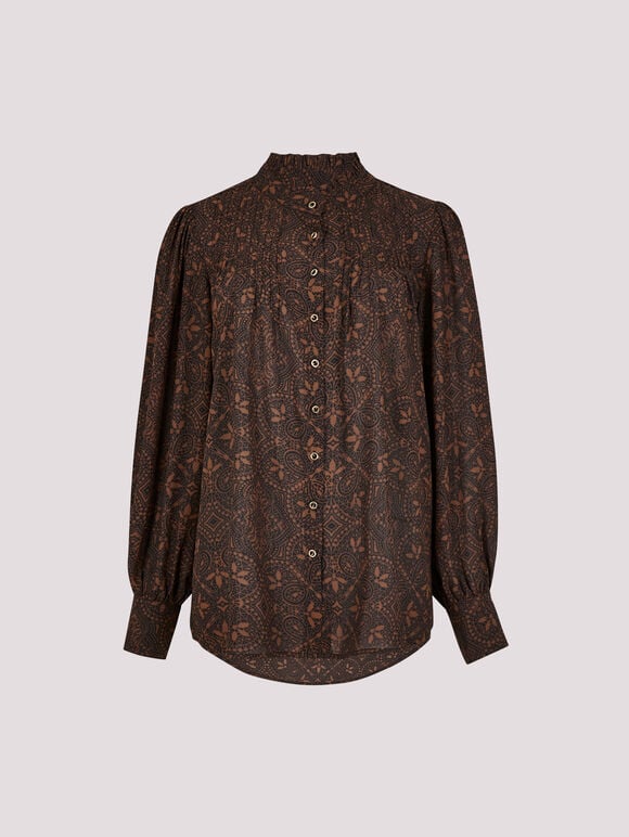 Mosaic Print Chiffon Ruffle Blouse, Brown, large