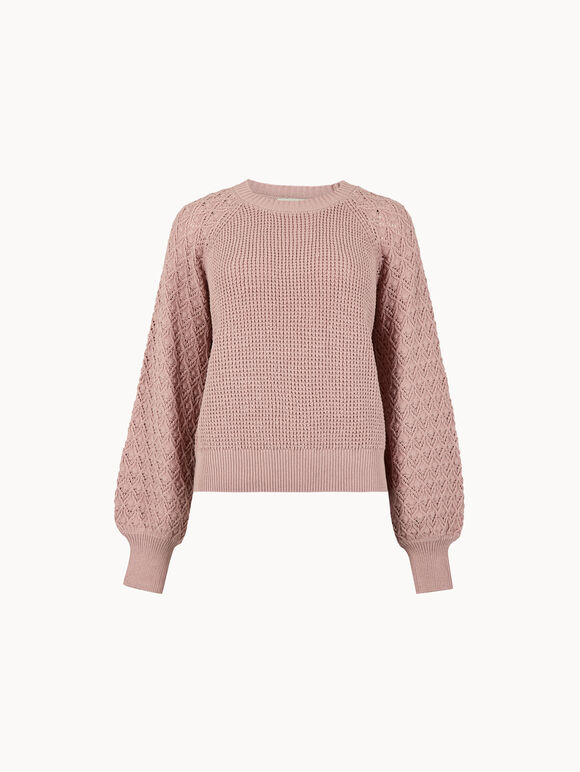 Pointelle Waffle Knit Cropped Jumper, Pink, large