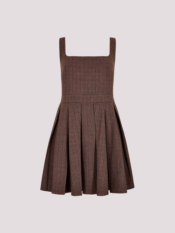 Check Pleated Skater Mini Dress, Burgundy, large