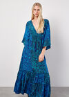 Robe longue kimono en satin floral, bleu marine, grand