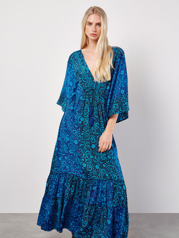 Geblümtes Kimono-Maxikleid aus Satin, Marineblau, Größe L