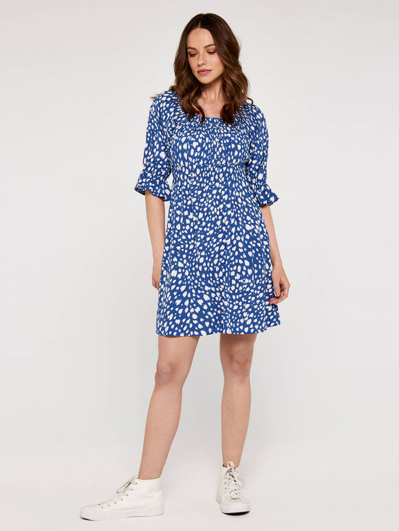 Brushstroke Dot Milkmaid Dress, Blue, large