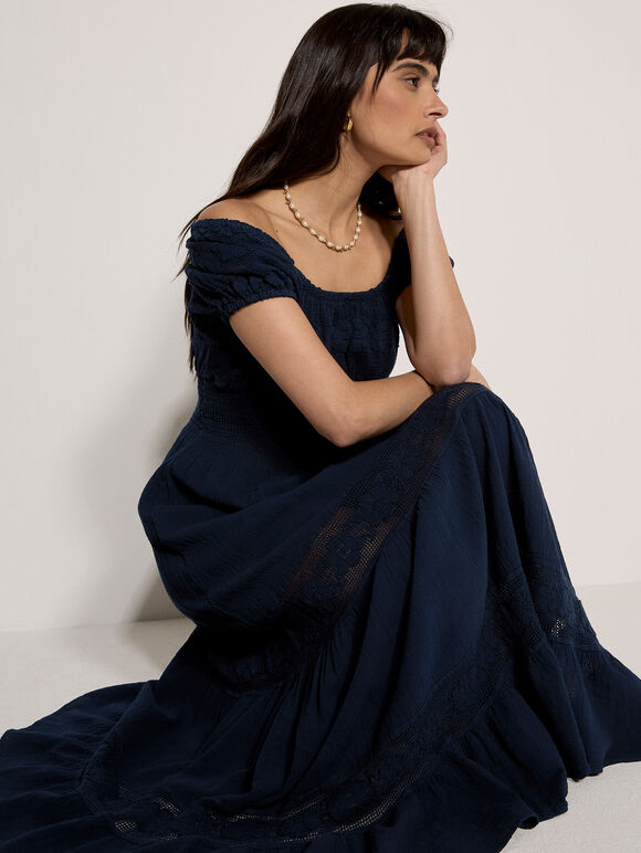 Floral Lace Milkmaid Maxi Dress, Navy, large