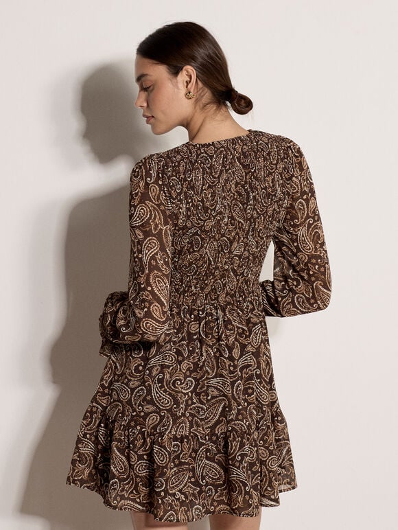 Paisley Chiffon Mini Dress, Brown, large