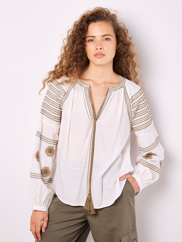 Aztec Embroidered Blouse, White, large