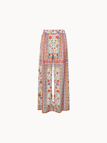 Floral Scarf Print Satin Wide-Leg Trousers