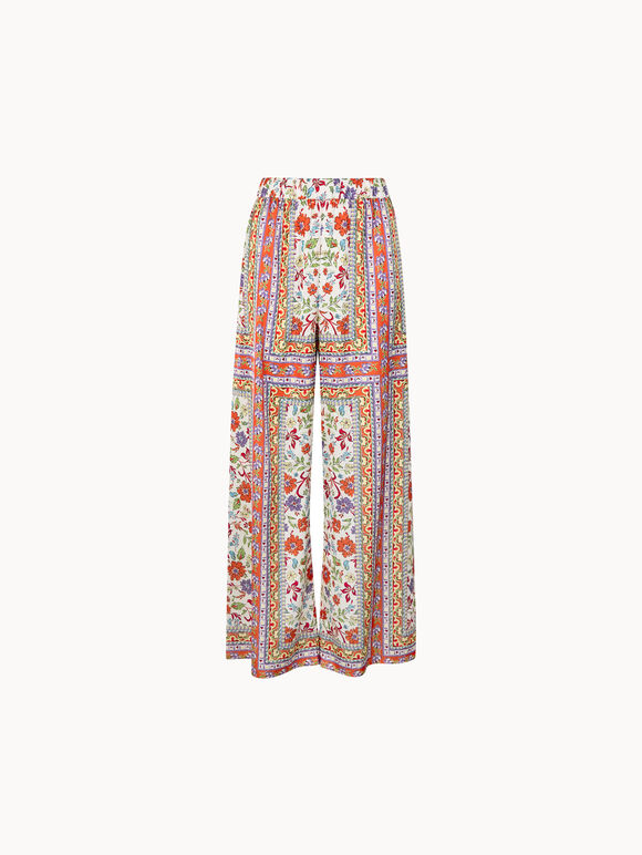 Floral Scarf Print Satin Wide-Leg Trousers, Orange, large