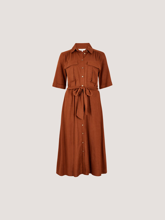 Linen Blend Utility Shirt Midi Dress, Brown, large