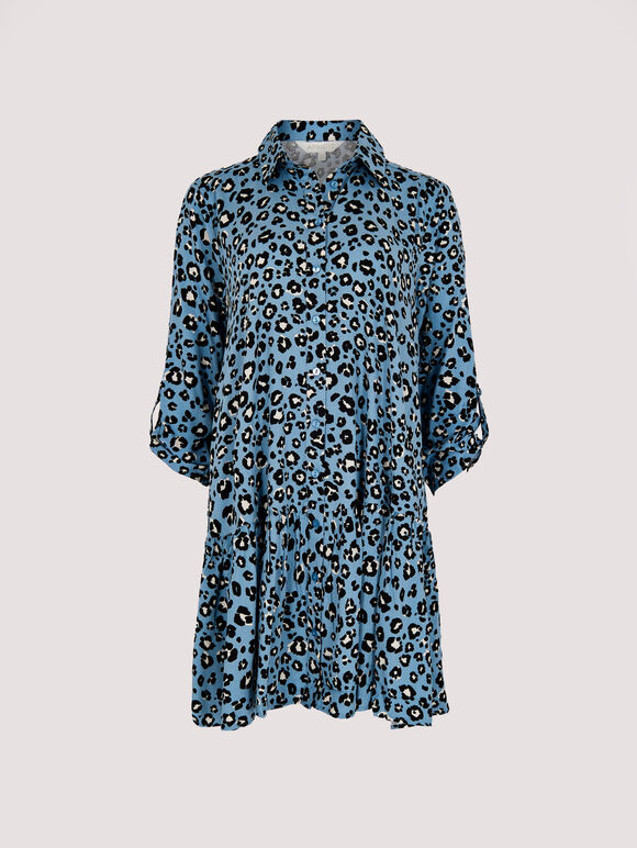 Leopard Print Swing Shirt Mini Dress, Blue, large