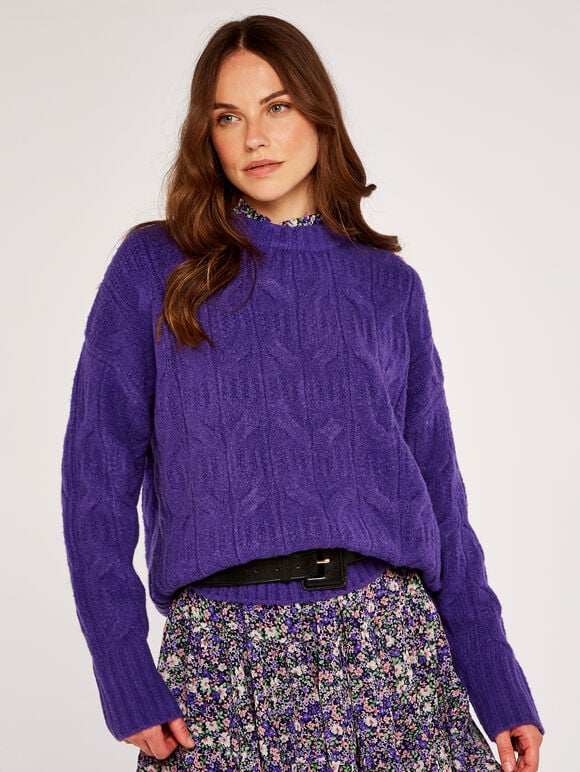 Cable Knit Jumper, Purple, large