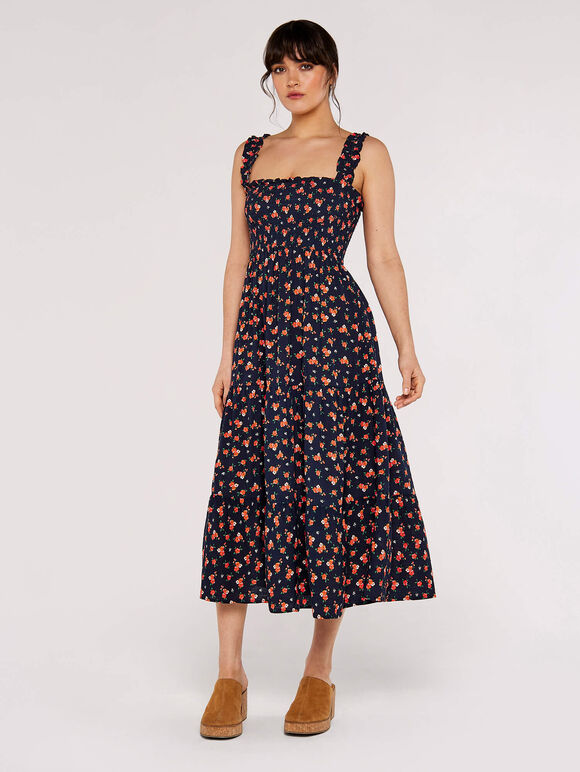 Ditsy Smocked Midi Dress, Navy, large
