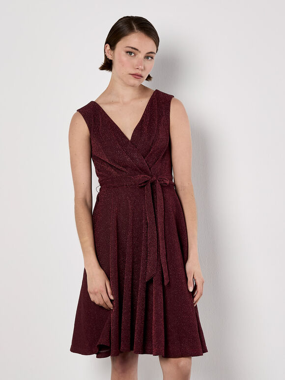 Metallic Pleat Skater Mini Dress, Burgundy, large