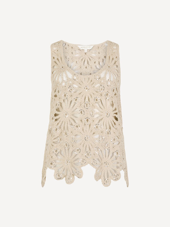 Sequin Crochet Shell Top, Stone, large