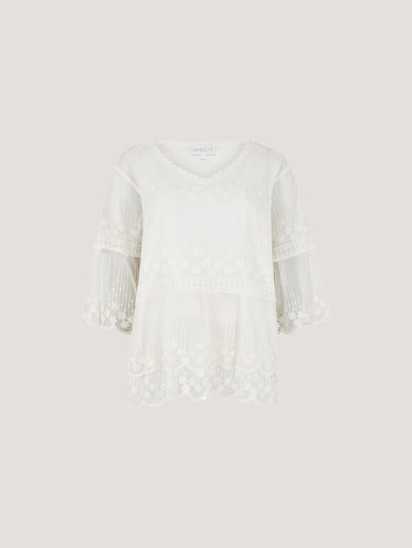 Embroidered Cotton Mesh Blouse, Cream, large