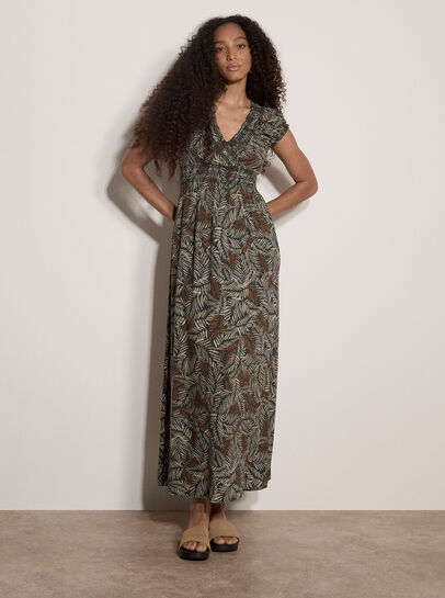 Rustic Leaf Print Smocked Maxi Dress