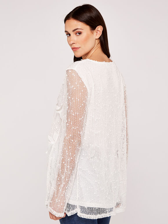Lace Top with Mesh Sleeve Top, Cream, large