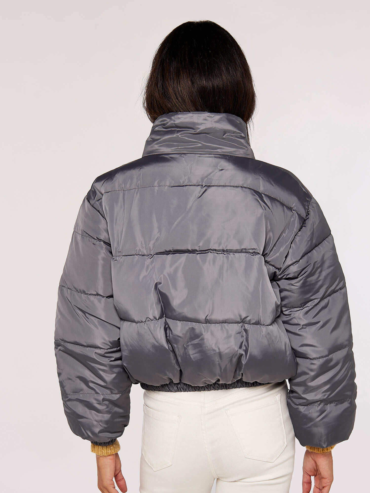 Grey reversible borg top cropped puffer jacket