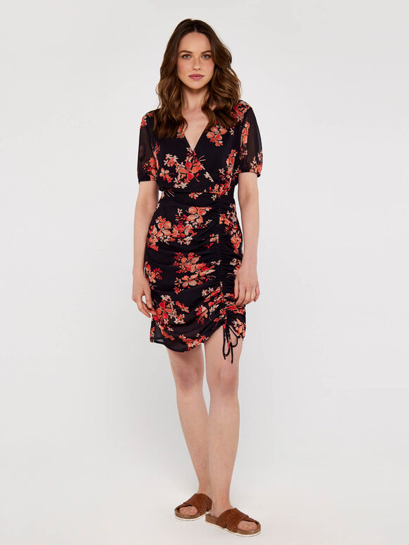 Floral Ruched Front Dress, Black, large