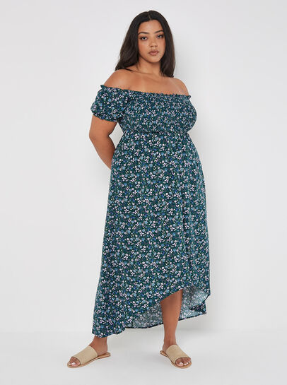 Curve - Robe mi-longue style Bardot à petites fleurs