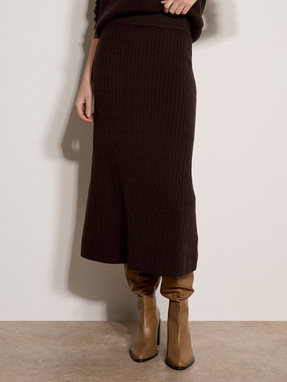 Fine Knit Cable Midi Skirt, Brown, large