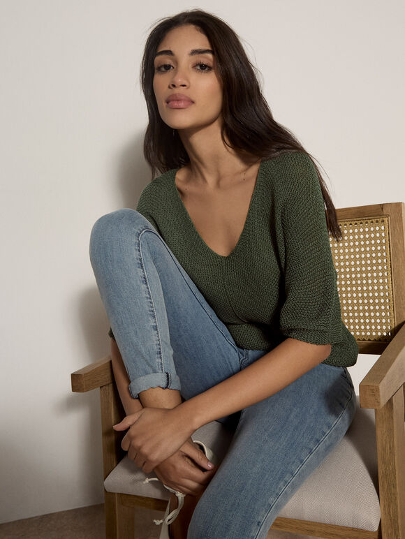 Waffle Open Knit Top, Khaki, large