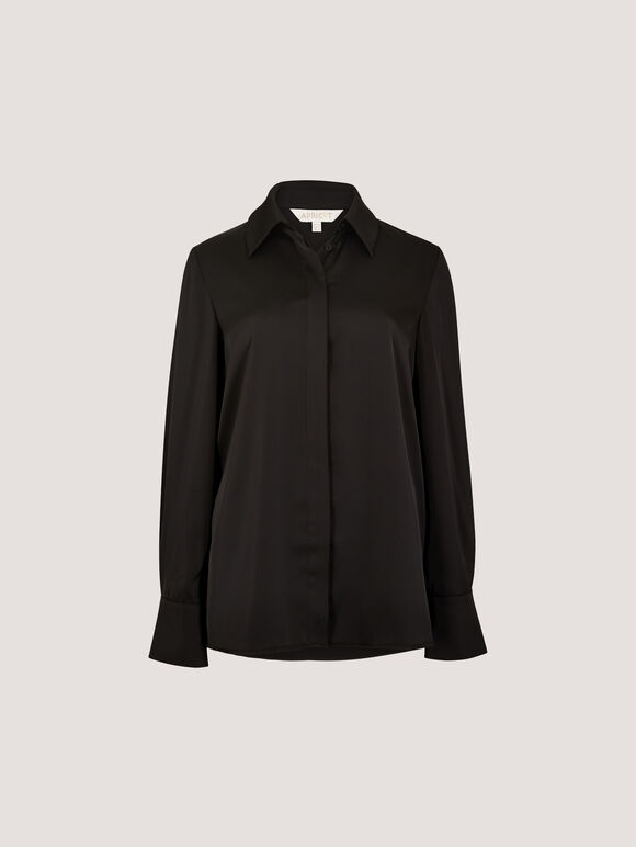 Oversized Satin Shirt, Black, large