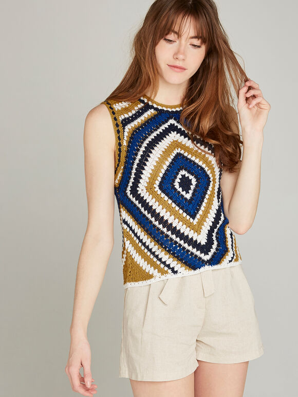 Navy  Psychedelic Diamond Crochet Top, Navy, large