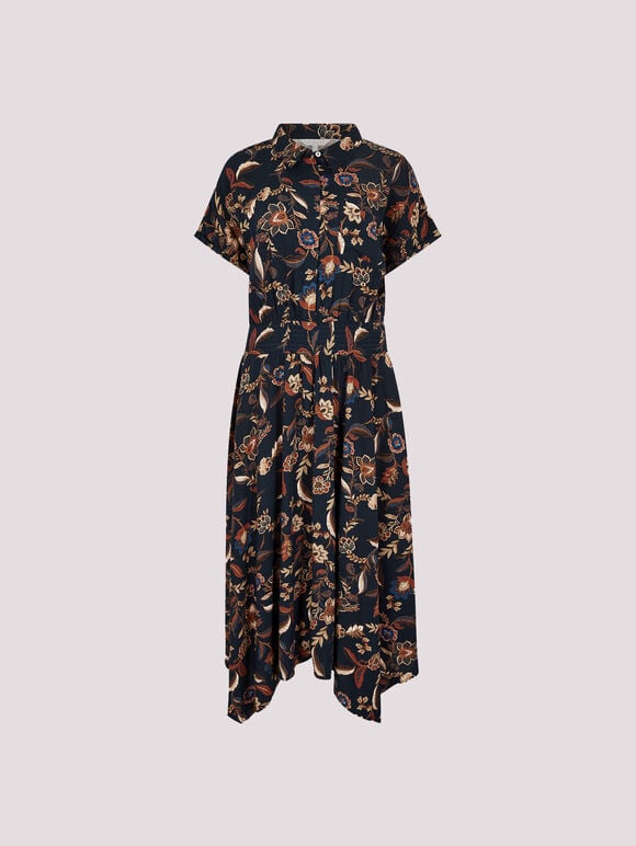 Sarasa Floral Shirt Midi Dress, Navy, large