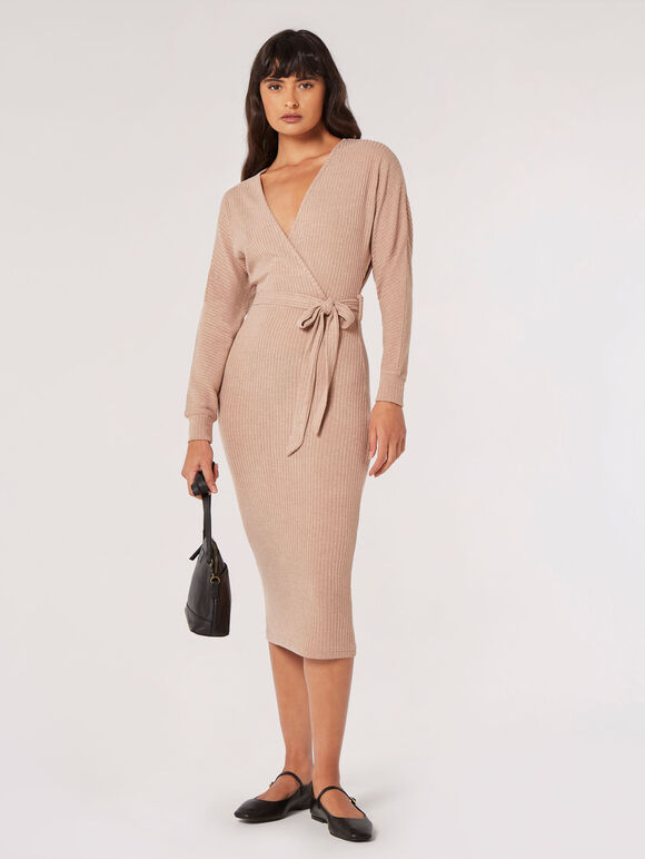 Rib Knit Wrap Midi Dress, Stone, large