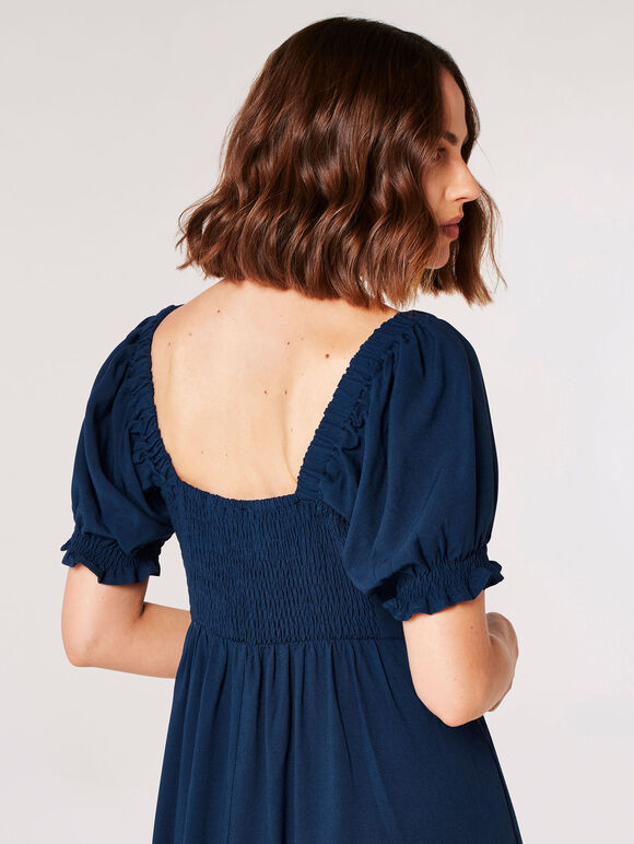 Tie Detail Milkmaid Midaxi Dress, Navy, large