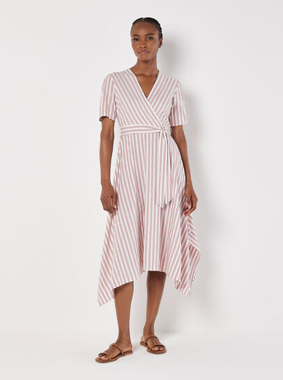 Stripe Wrap Hanky Hem Midi Dress