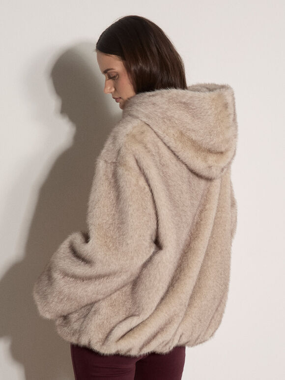 Soft Faux Fur Hooded Jacket, Grey, large