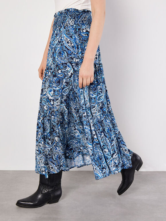 Paisley Tiered Maxi Skirt, Navy, large