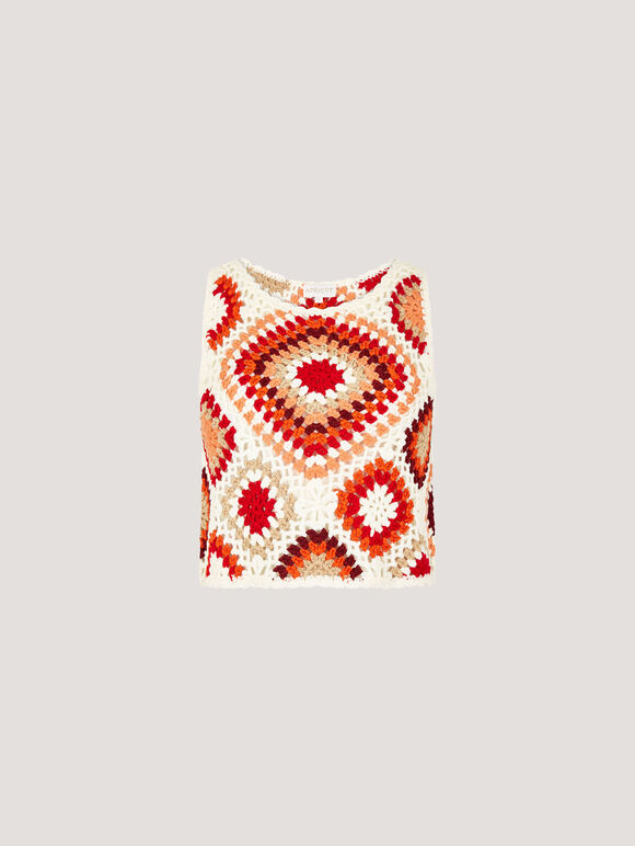 Diamond Crochet Crop Vest Top, Red, large