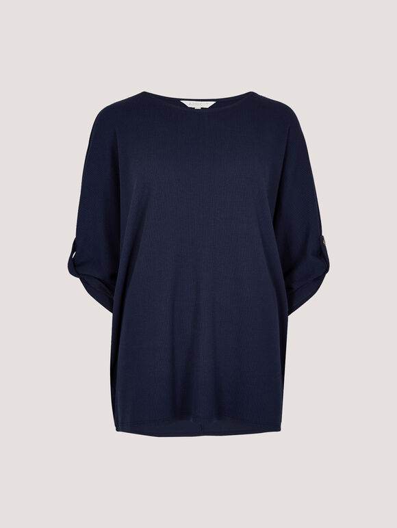 Waffle Knit Button Detail Top, Navy, large