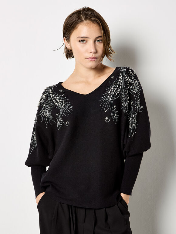 Diamante Feathers Fine Knit Jumper, Black, large