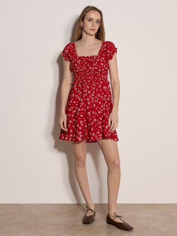 Floral Ruffle Mini Dress, Red, large