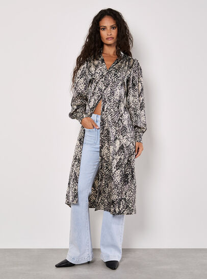 Snakeskin Print Satin Shirt Midi Dress