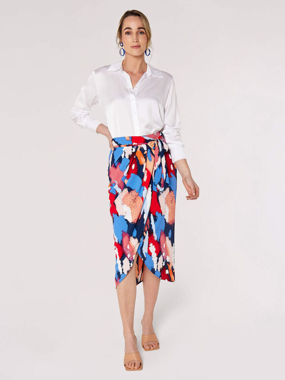 Printed  Wrap Midi Skirt, Navy, large