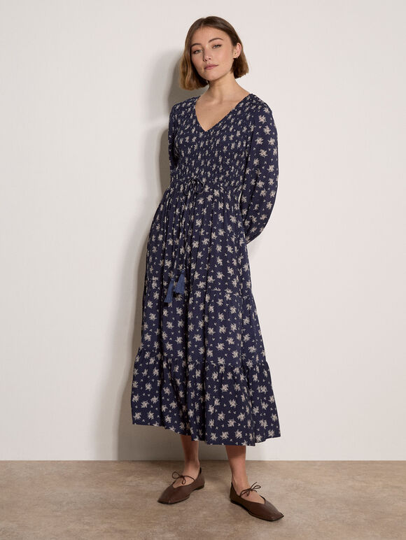 Smocked Floral Midi Dress, Navy, large