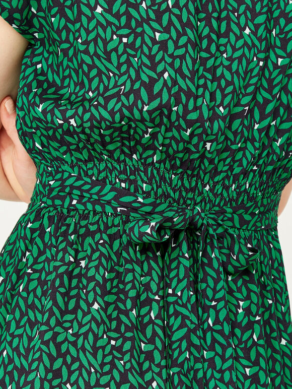 Leaf Print Tie Back Midi Dress, Green, large