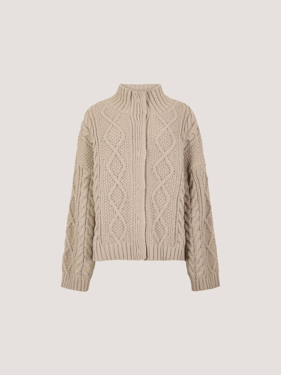 Chunky Cable Knit Cardigan, Stone, large