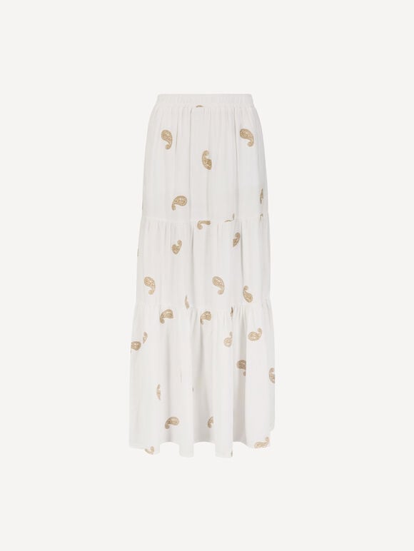 Paisley Embroidered Tiered Maxi Skirt, Cream, large