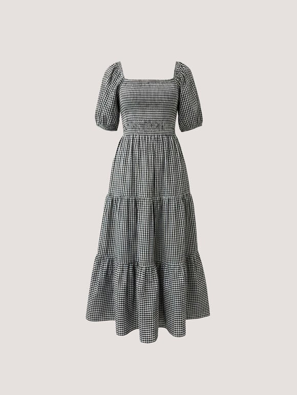 Cotton Gingham Milkmaid Midaxi Dress, Black, large