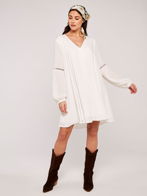 Lace Detail Smock Dress, Cream, large